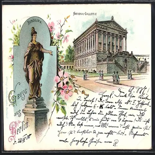 Lithographie Berlin, Partie an der National-Galerie, Statue der Berolina