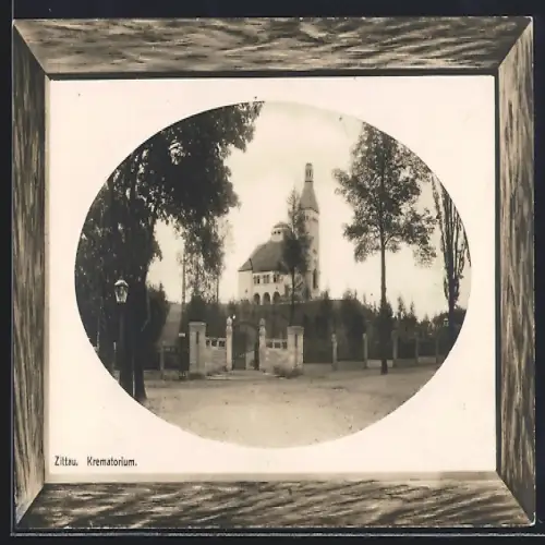 Präge-AK Zittau, Krematorium, Passepartout