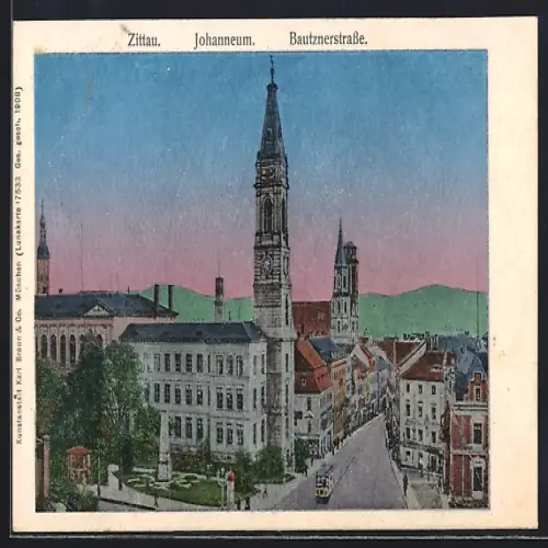Luna-AK Zittau, Johanneum an der Bautznerstrasse mit Strassenbahn