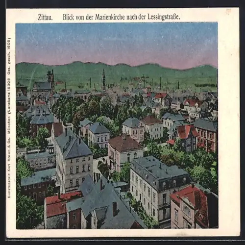 AK Zittau, Blick von der Marienkirche nach der Lessingstrasse