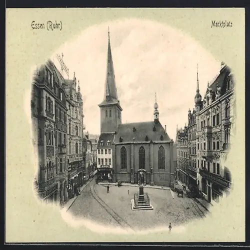 AK Essen /Ruhr, Kirche am Marktplatz mit Denkmal