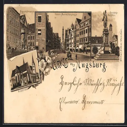 Lithographie Augsburg, Domkirche, Augustusbrunnen, Unter Maximilianstrasse