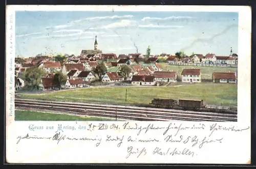 Lithographie Mering, Teilansicht mit Bahn