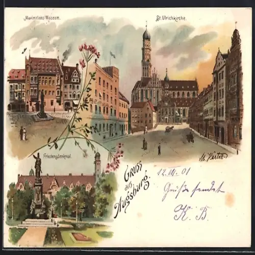 Lithographie Augsburg, Maximilians-Museum, St. Ulrichkirche, Friedensdenkmal