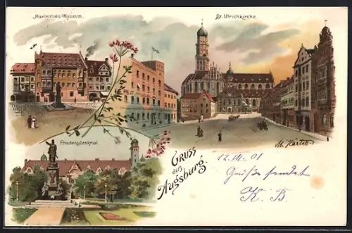 Lithographie Augsburg, Maximilians-Museum, St. Ulrichkirche, Friedensdenkmal