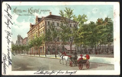Künstler-AK Augsburg, Hotel drei Kronen J. Wiedemann mit Pferdewagen