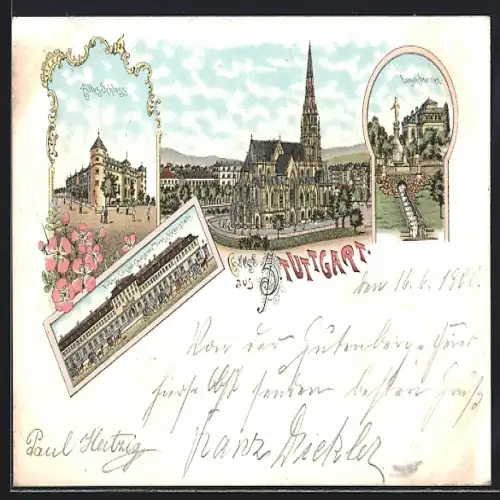 Lithographie Stuttgart, Früher Legionskaserne Droschkenplatz, Altes Schloss, Eugensbrunnen