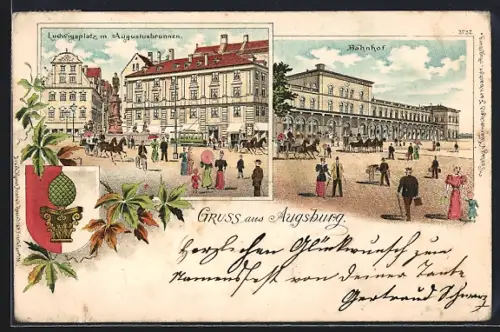 Lithographie Augsburg, Bahnhof, Ludwigsplatz mit Augustusbrunnen