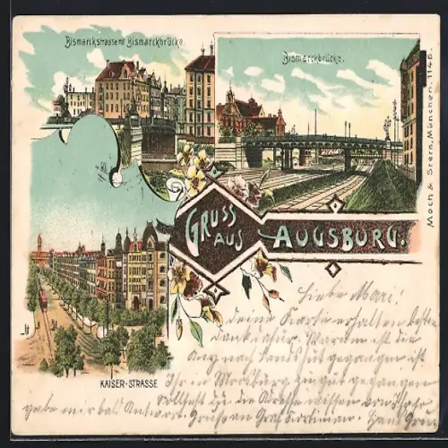 Lithographie Augsburg, Bismarckstrasse mit Bismarckbrücke, Kaiser-Strasse mit Strassenbahn