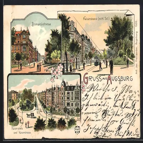 Lithographie Augsburg, Kaiserplatz und Kaiserstrasse, Bismarckstrasse und mittlerer Teil der Kaiserstrasse