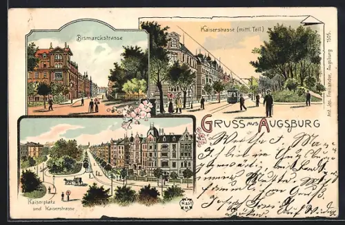 Lithographie Augsburg, Kaiserplatz und Kaiserstrasse, Bismarckstrasse und mittlerer Teil der Kaiserstrasse