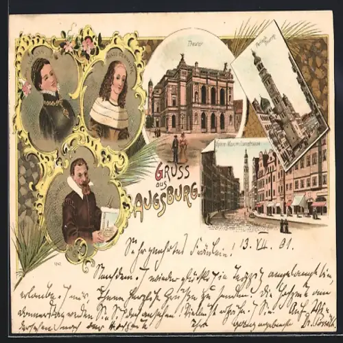 Lithographie Augsburg, Theater, Perlach-Turm, Untere Maximilianstrasse