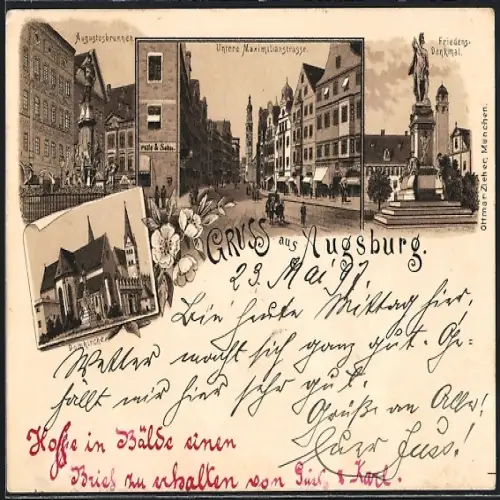 Lithographie Augsburg, Domkirche, Augustusbrunnen, Untere Maximilianstrasse