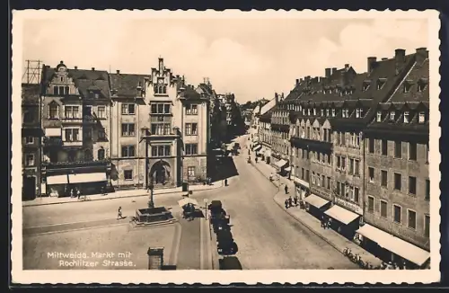 AK Mittweida, Markt und Rochlitzer Strasse mit Geschäften