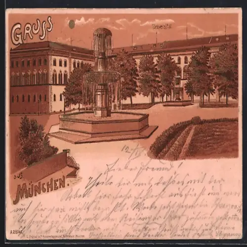 Lithographie München, Universität mit Brunnen