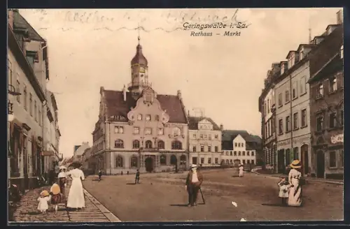 AK Geringswalde i. Sa., Cafe Hugo Goldhammer und Rathaus am Markt