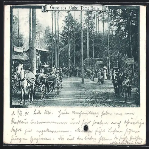 AK Berlin-Zehlendorf, Gaststätte Onkel Toms Hütte, Zufahrt mit Kutsche, Fahrrad-Halle, Garteneingang