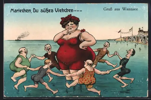 AK Männer tanzen um dickes Mariechen im seichten Meereswasser, Karikatur