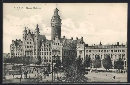 AK Leipzig, Neues Rathaus mit Strassenbahn