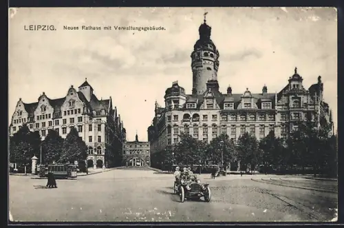AK Leipzig, Neues Rathaus mit Verwaltungsgebäude und Strassenbahn