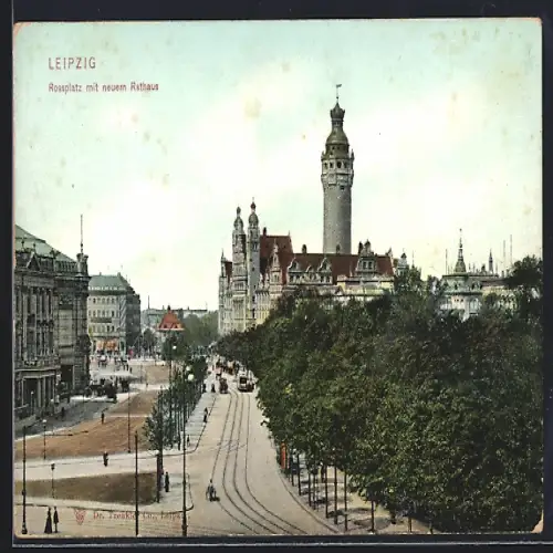 AK Leipzig, Rossplatz mit neuem Rathaus und Strassenbahn