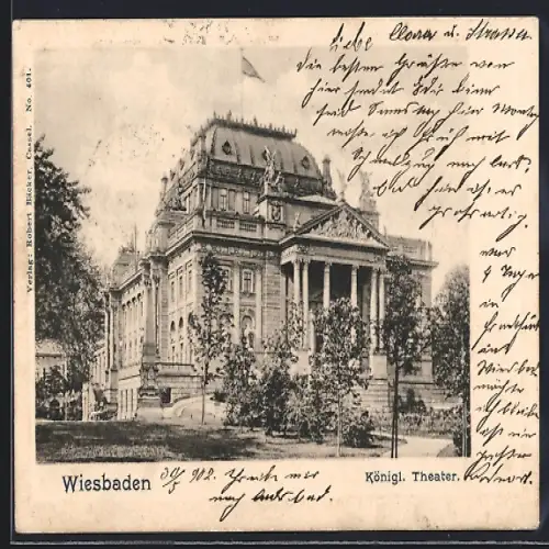 AK Wiesbaden, Königliches Theater mit Denkmal
