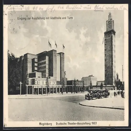 AK Magdeburg, Deutsche Theater-Ausstellung 1927, Eingang zur Ausstellung mit Stadthalle und Turm