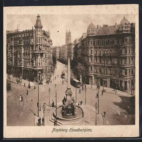 AK Magdeburg, Hasselbachplatz mit Geschäften, Brunnen und Strassenbahn