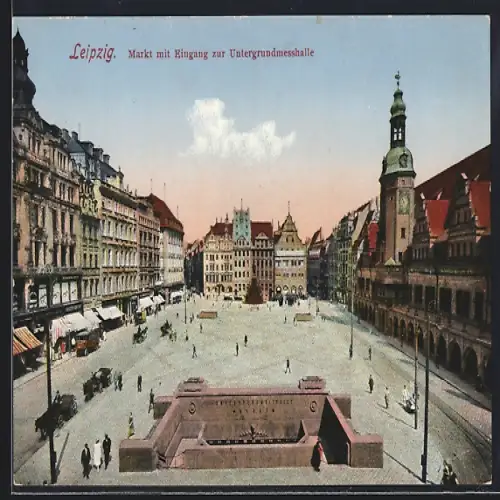 AK Leipzig, Markt mit Eingang zur Untergrundmessehalle