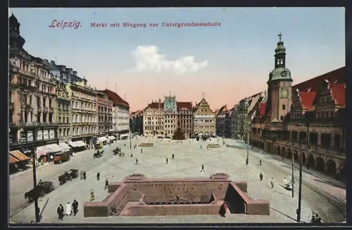 AK Leipzig, Markt mit Eingang zur Untergrundmessehalle