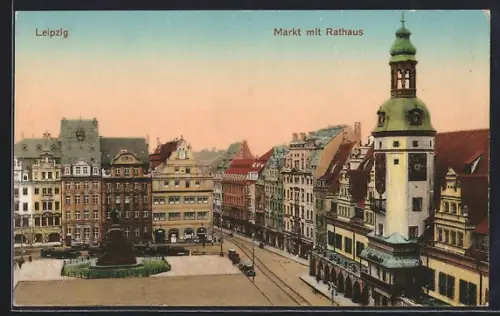 AK Leipzig, Markt mit Rathaus und Denkmal