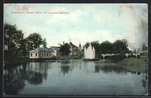AK Leipzig, Palmengarten: Grosser Weiher mit Leuchtspringbrunnen