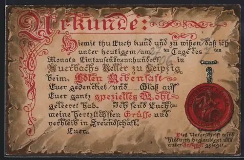 AK Leipzig, Gasthaus Auerbachs Keller, Urkunde über Weinverzehr, Siegel