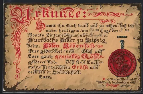 AK Leipzig, Gasthaus Auerbachs Keller, Urkunde über Weinverzehr, Siegel