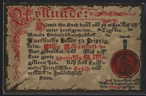 Künstler-AK Leipzig, Gasthaus Auerbachs Keller, Grimmaische Str. 2, Urkunde mit Siegel