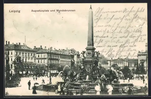 AK Leipzig, Augustusplatz mit Geschäften und Mendebrunnen