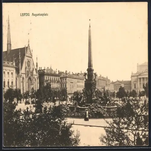 AK Leipzig, Augustusplatz und Kirche mit Brunnen