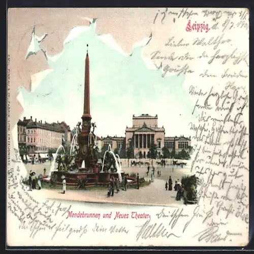 AK Leipzig, Mendebrunnen und Neues Theater mit Brunnen durch zerrissenes Papier, Passepartout