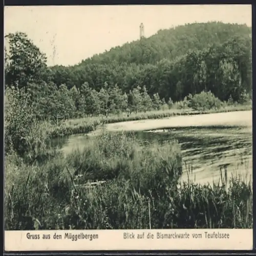 AK Berlin-Köpenick, Müggelberge, Blick auf die Bismarckwarte vom Teufelssee