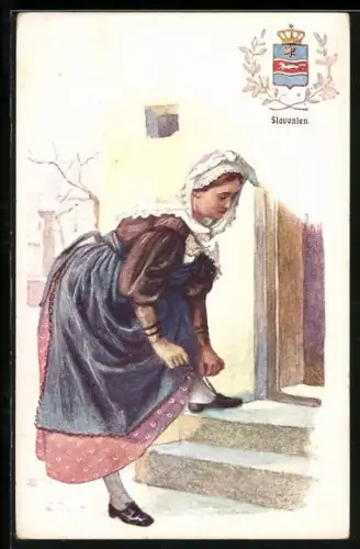 Künstler-AK Adolf Karpellus: Slawonien, Dame bindet ihrern Schuh