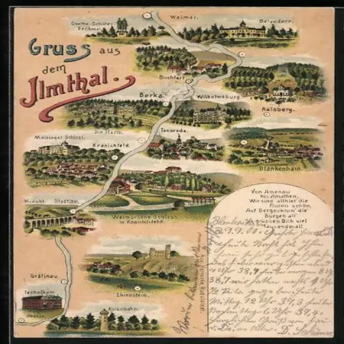 Lithographie Blankenhain / Thür., Landschaftskarte Ilmthal, Tannroda, Goethe-Schiller-Denkmal