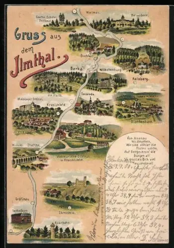Lithographie Blankenhain / Thür., Landschaftskarte Ilmthal, Tannroda, Goethe-Schiller-Denkmal