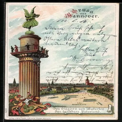 Lithographie Hannover, Waterloosäule mit Soldaten