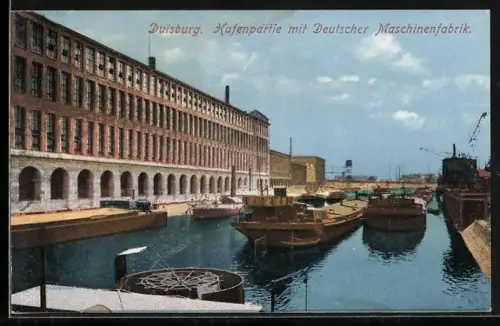 AK Duisburg, Hafenpartie mit Deutscher Maschinenfabrik