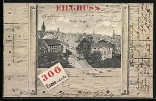 Lithographie Essen a. d. Ruhr, Steeler Strasse mit Strassenbahn durch Fenster, Passepartout