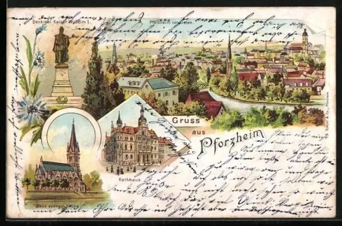 Lithographie Pforzheim, Rathaus, Neue evangelische Kirche, Denkmal Kaiser Wilhelm I.