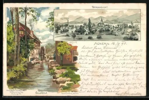 Künstler-AK Carl Münch: Achern, Öhlmühle und eine Totalansicht