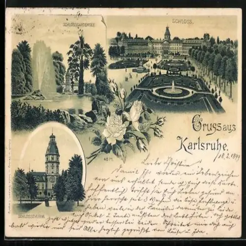 Lithographie Karlsruhe, Schlossthurm, Schlossgartensee und Schloss