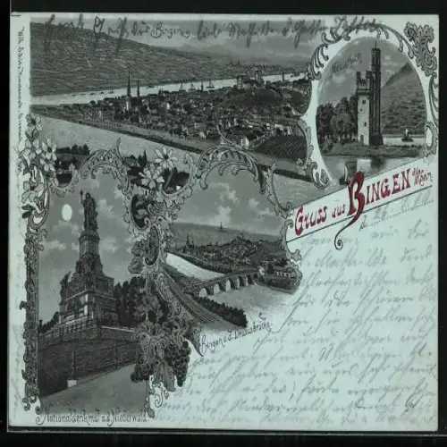 Mondschein-Lithographie Bingen a. /Rhein, Teilansicht mit Drususbrücke, Nationaldenkmal a. d. Niederwald, Mäuseturm