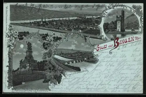 Mondschein-Lithographie Bingen a. /Rhein, Teilansicht mit Drususbrücke, Nationaldenkmal a. d. Niederwald, Mäuseturm